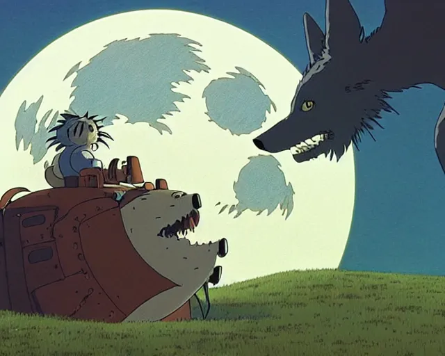 Prompt: still from studio ghibli movie showing a mechanized wolf from howl's moving castle ( 2 0 0 4 ), in front of a big moon, illustration, wide shot, muted colors, post grunge, concept art, david rubin, mike mignola, laurie greasley, highly detailed, sharp focus, trending on artstation, hq, deviantart, art by artgem
