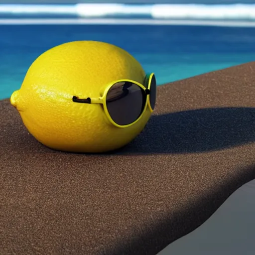Prompt: a lemon with a face and legs relaxing on a beach, wearing sunglasses, octane render, 4k, pixar