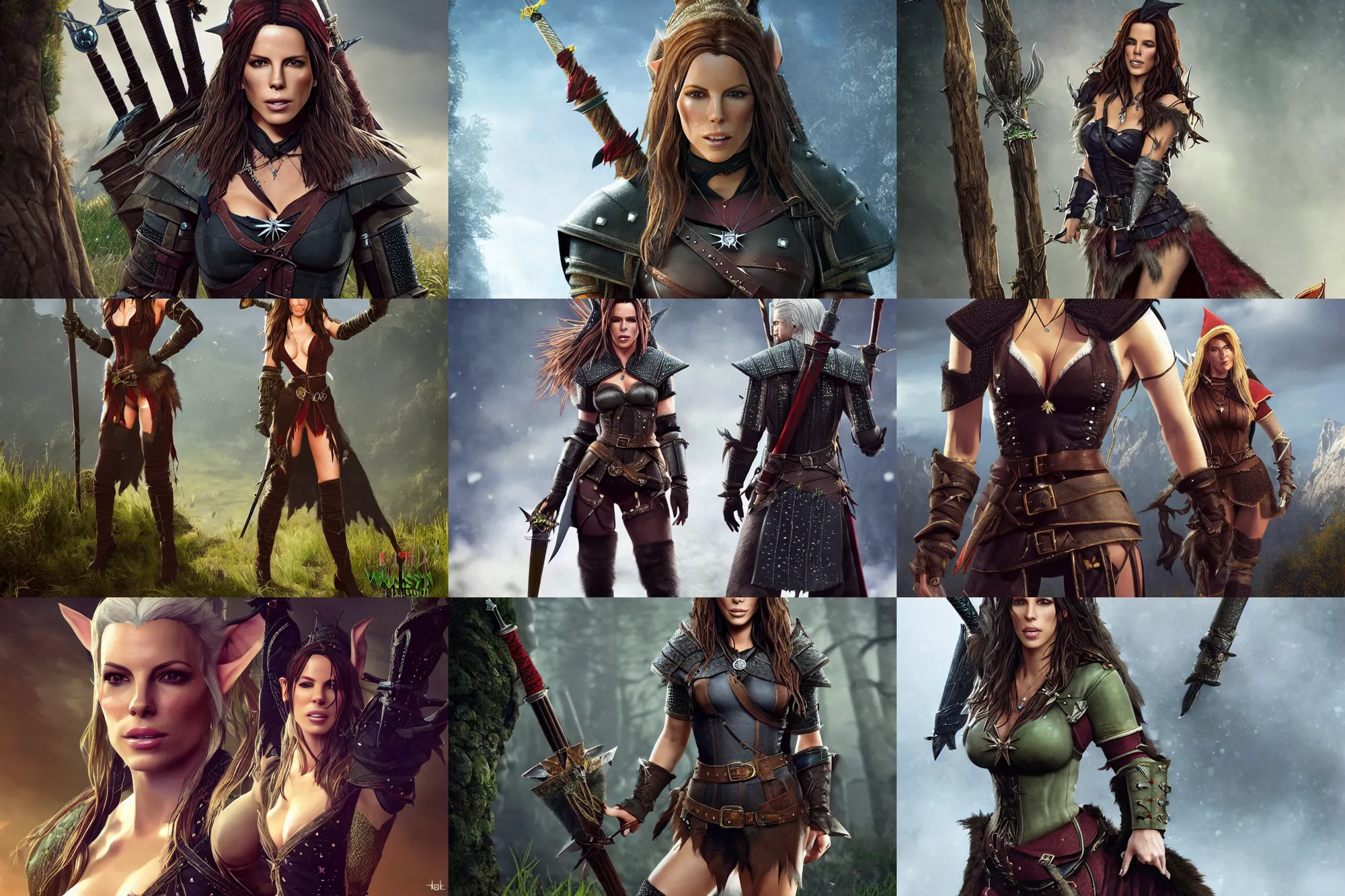 Prompt: full-length portrait of buxom Kate Beckinsale as a high-fantasy elf in a chesty fantasy outfit in The Witcher 3, high quality, rendering, hyper-realistic, digital art, award winning