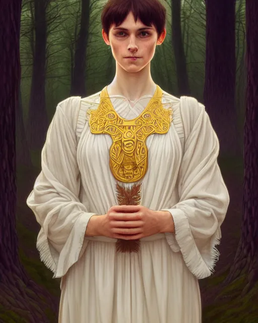 Image similar to symmetry portrait of welsh brunette student in mans tunic, tomboy, short hair, forest, intricate, elegant, highly detailed, digital painting, artstation, concept art, smooth, sharp focus, illustration, art by artgerm and greg rutkowski and fra angelico and alphons mucha