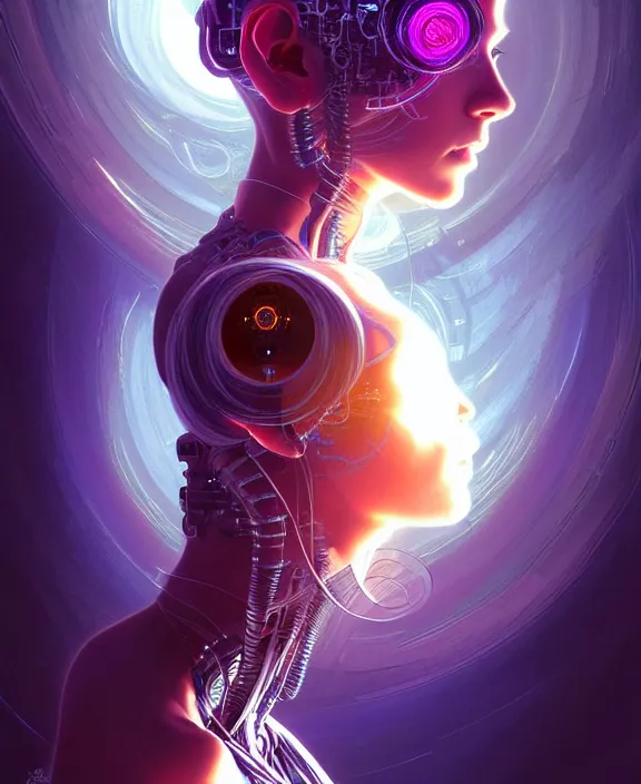 Image similar to a whirlwind of souls rushing inside the metaverse, hologram, half body, neurochip, shaved temple, piercing, jewelry, android, cyborg, cyberpunk face, by loish, d & d, fantasy, intricate, elegant, highly detailed, colorful, digital painting, artstation, concept art, art by artgerm and greg rutkowski and alphonse mucha