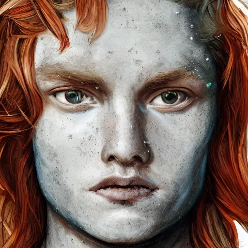 Image similar to portrait of a teen boy with long red hair and a lot of freckles and muscular, intricate, highly detailed, digital painting, artstation, sharp focus, illustration