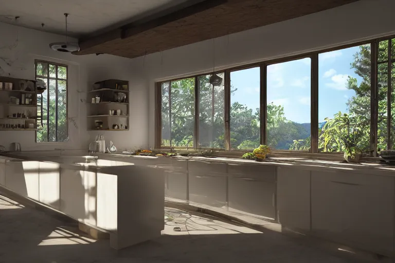 Image similar to solarpunk modern kitchen in a mountain mansion, liminal space, high detail, rendered in unreal engine, 3d render, god rays, volumetric lighting, HDR, subsurface scatter, mansion, interior, large windows, rich house
