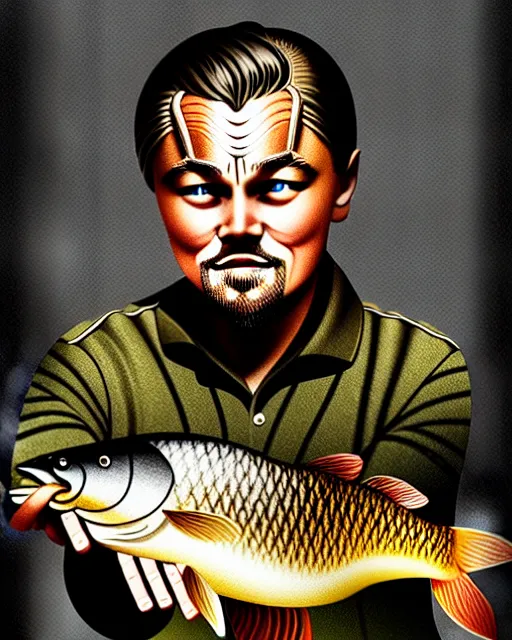 Image similar to photograph of leonardo dicaprio holding a carp in his both hands. movie poster, illustration by bartek fedyczak, erak note, tooth wu, neil richards, kan liu, siwoo kim, jisu choe, trending on art station