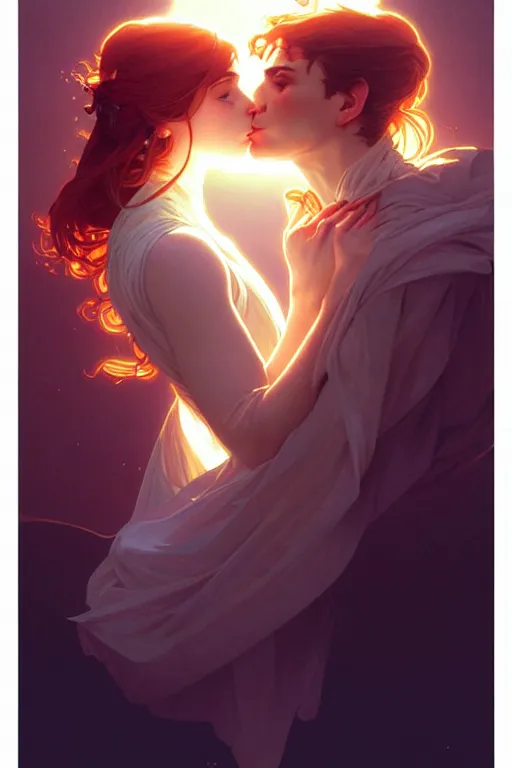 Prompt: the kiss, light from above, fantasy, portrait, sharp focus, intricate, elegant, digital painting, artstation, matte, highly detailed, concept art, illustration, ambient lighting, art by ilya kuvshinov, artgerm, alphonse mucha, and greg rutkowski