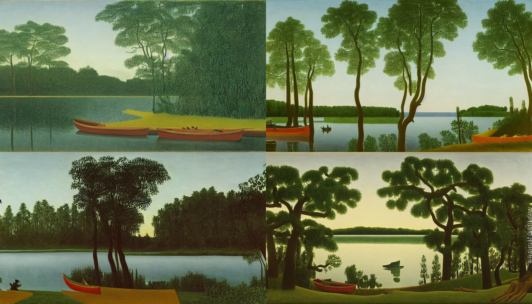 Prompt: pine tree lined lake with a canoe and a dock, viewed from the lake shore, by henri rousseau, full resolution