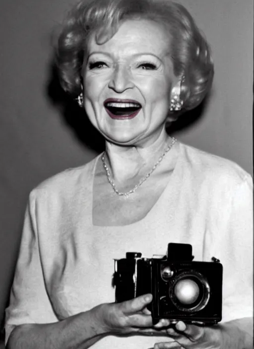 Prompt: a grainy film photo of Betty White, Kodak Brownie Camera