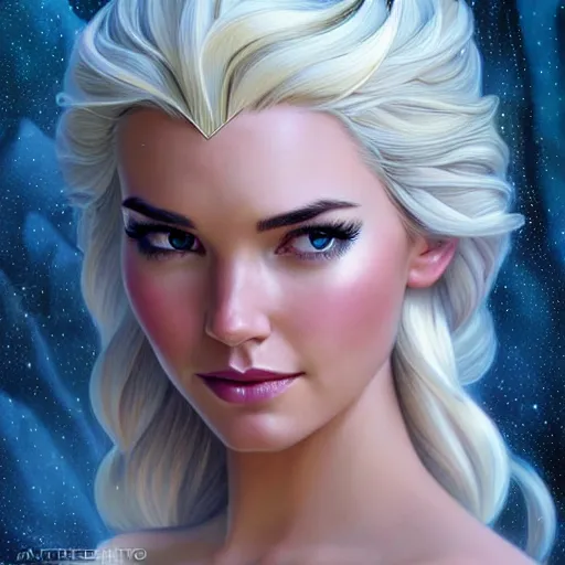 Image similar to Odette Annable with blonde hair as Elsa from Frozen, western, D&D, fantasy, intricate, elegant, highly detailed, digital painting, artstation, concept art, matte, sharp focus, illustration, art by Artgerm and Greg Rutkowski and Alphonse Mucha