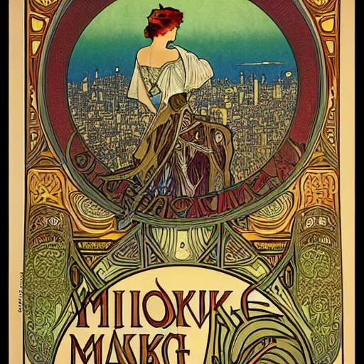 Prompt: beautiful art nouveau drawing advertisement for the Milwaukee city skyline, detailed poster art illustration, by alphonse mucha, edmund dulac, and android jones