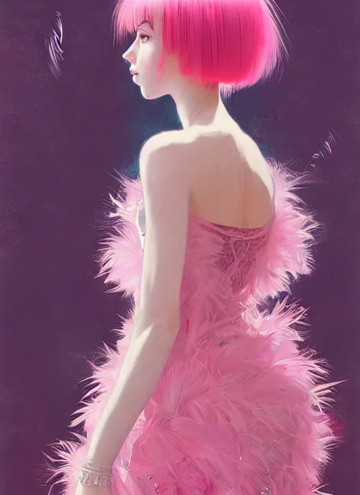 Image similar to beautiful teen girl with an eccentric pink haircut wearing an dress made of feathers, artwork made by ilya kuvshinov, inspired in donato giancola