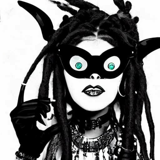 Image similar to eccentric kawaii goth girl with dreads wearing cyber goggles and eclectic jewelry, by jamie hewlett,