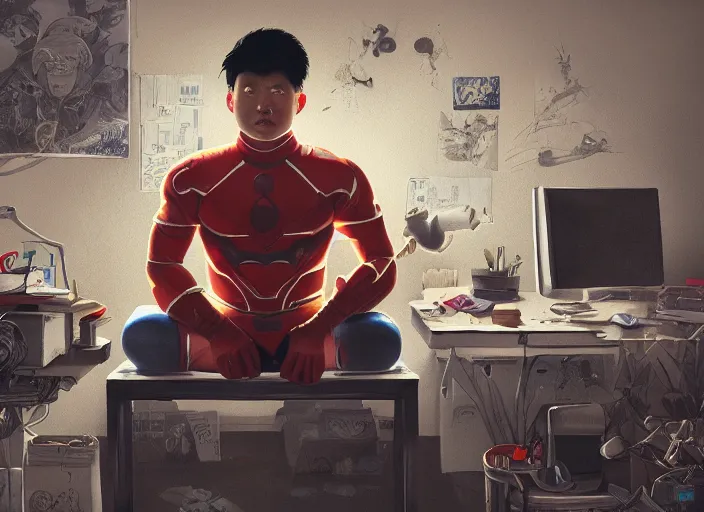 Image similar to an insanely detailed painting of an asian man wearing a homemade superhero costume, sitting at a desk, staring seriously at the computer and typing, in the style of james jean, dramatic lighting and composition, surreal background, octane render, pixar, trending on artstation, concept art, comic book, view from behind, 8 k