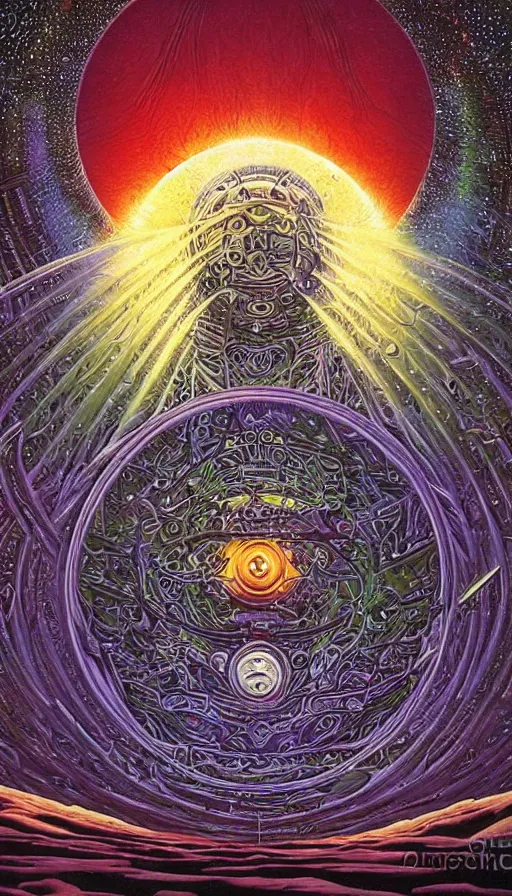 Prompt: psytrance artwork, by david a. hardy