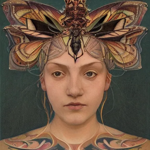 Image similar to the moth crown, by Annie Swynnerton and Nicholas Roerich, bioluminescent skin, tattoos, elaborate costume, geometric ornament, symbolist, smooth, sharp focus, extremely detailed, featured on artstation