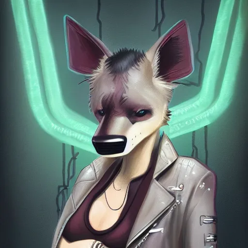 Image similar to digital painting of anthromorphic hyena female smoking cigarrete, fursona, furry fandom, furaffinity, neon rainy cyberpunk setting, anthro, wearing cyberpunk leather jacket, detailed face, blade runner, zootopia style,