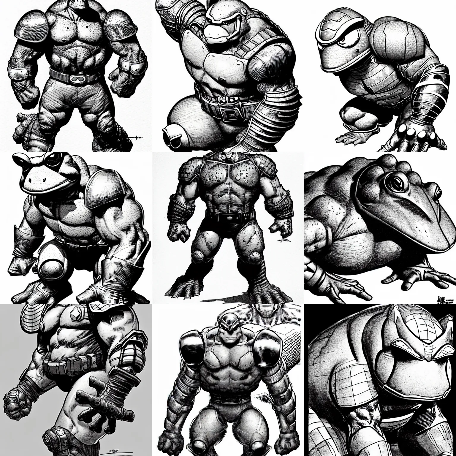 Prompt: toad animal!!! jim lee!!! sideview full shot!! flat ink sketch grayscale by jim lee close up in the style of jim lee, ( attention pose ) cyborg! battle armor rugged knight hulk toad animal superhero by jim lee