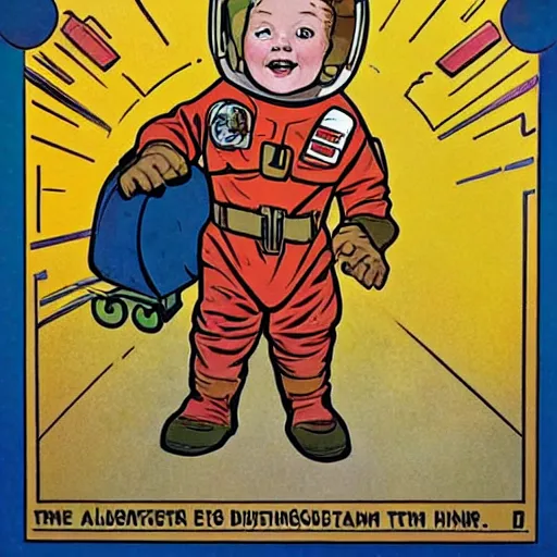 Image similar to a cute little boy with a mischievous face and short ginger hair. he is dressed as an astronaut. well composed, clean elegant painting, beautiful detailed face. comic book art by steve ditko and jack kirby and ( alphonse mucha )