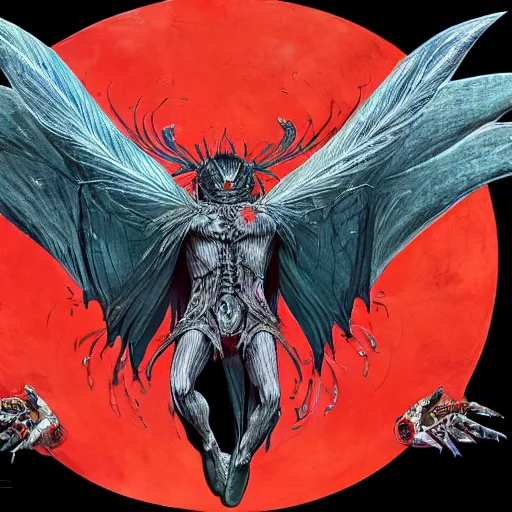 Image similar to 4K headshot of godlike mothman with defined arms and open hands and bloody clothes with giant mandala wings , intricate face , flawless anime cel animation by Kentaro Miura, psychedelic , highly detailed upper body , professionally post-processed , beautiful, scary, symmetry accurate features, epic, octane rendered, anime masterpiece, accurate