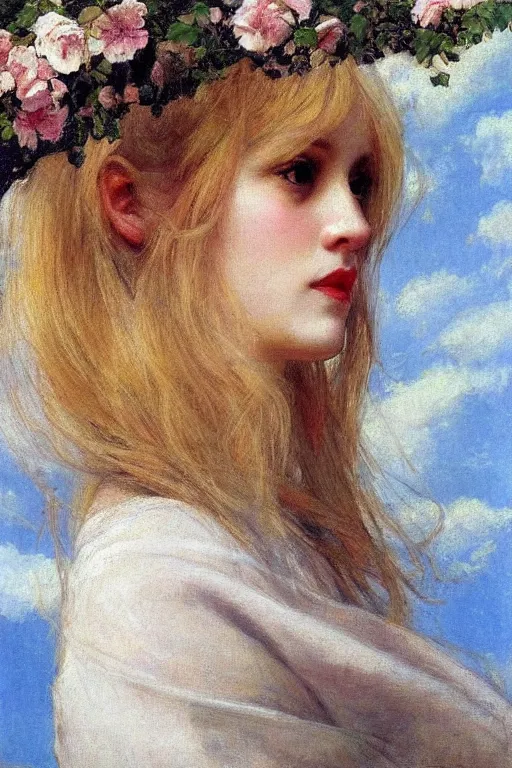 Image similar to close - up fashion blonde woman portrait airy flowers cloudy sky art by vasnetsov