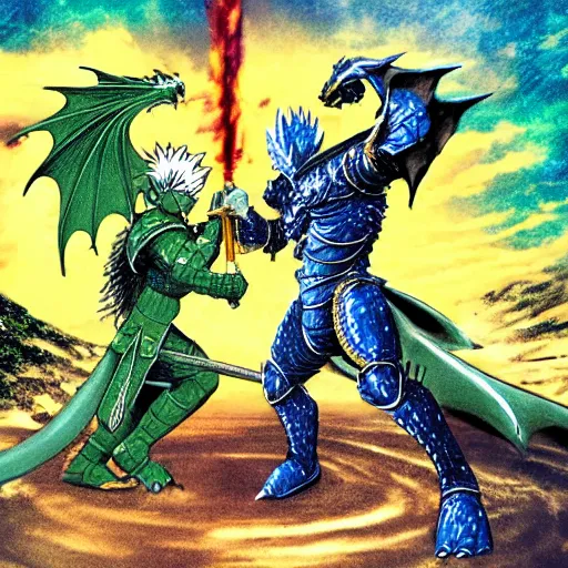 Image similar to dragon fight vs knight in green car with blue armor and a gold sword, berserk, manga