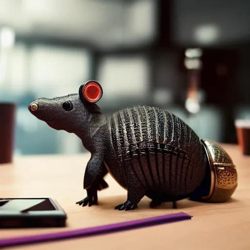 Prompt: black t-shirt armadillo in a box with red headphones and sunglasses drinking a cocktail, a design masterpiece highly detailed, superrealism 8k resolution