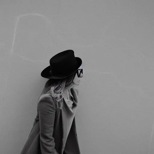 Prompt: a noir female detective in a gray coat, hat and glasses leans against the wall and lights up,