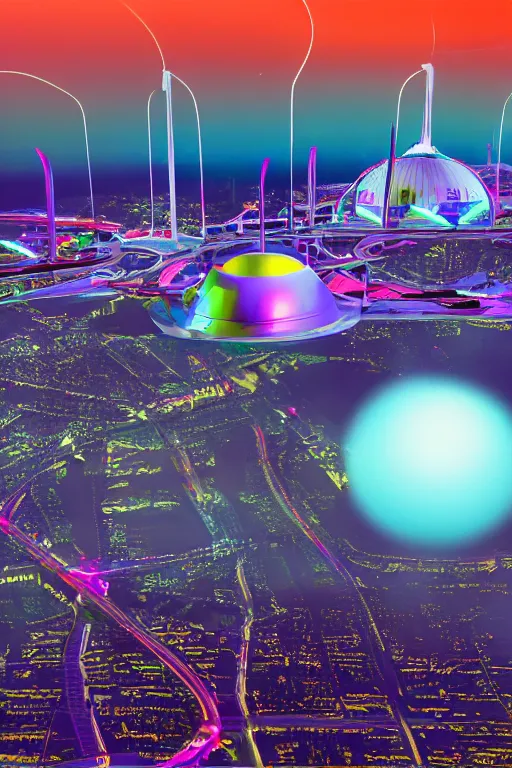 Image similar to A city of the future with thin bridges floating in the air and big unknown flying machines. The top is bright and colourful, with domes and glowing peaks of buildings; the bottom is dark and almost melting in the twilight, with glowing bright signs. Several colossal-sized moons with amazing rings are visible,