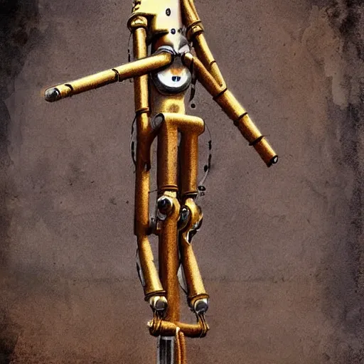 Prompt: steam punk robot crucified by matthias grunewald