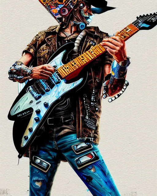 Image similar to a portrait of an anthropomorphic cyberpunk cowboy shredding an electric guitar by sandra chevrier, by jon foster, detailed render, tape deck, epic composition, cybernetics, 4 k realistic, cryengine, realistic shaded lighting, sharp focus, masterpiece, by enki bilal