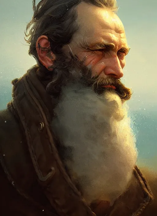 Image similar to portrait of a rugged sea captain, victorian, concept art, detailed face, fantasy, close up face, highly detailed, cinematic lighting, digital art painting by greg rutkowski