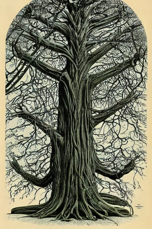 Prompt: vintage magazine advertisement depicting all of the knowledge in the world as a tree, by hr giger