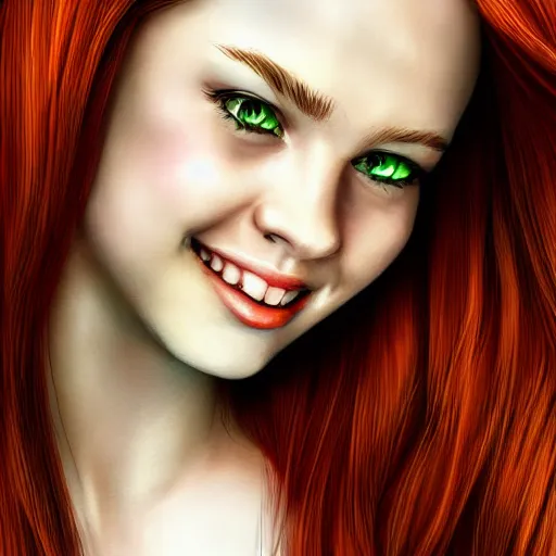 Image similar to a fantastic portrait photograph of a smiling girl with red hair and green eyes, symmetrical face, artstation, deviantart, hyperrealism