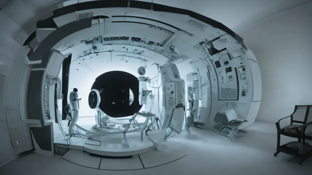 Image similar to an mri image open mri machine portal in the living room, film still from the movie directed by denis villeneuve with art direction by salvador dali, wide lens