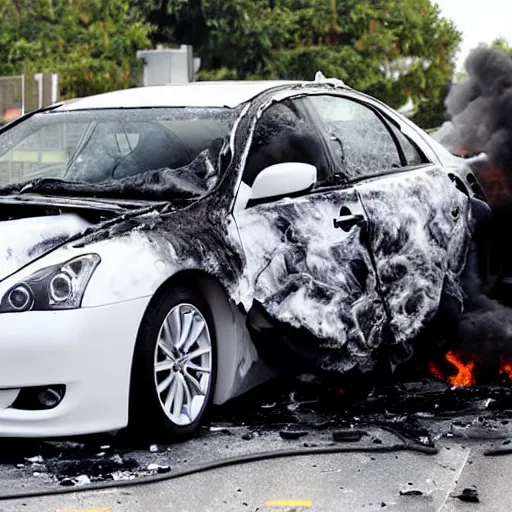 Prompt: Infiniti G35 white in violent car crash burning on fire brutal accident