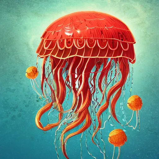 Prompt: hyperdetailed modern childrenbook illustration of a maximalist voluptuous elegant huge baroque jellyfish, swimming in the ocean. with interesting cyberpunk details. seen from the distance. hd matte halo