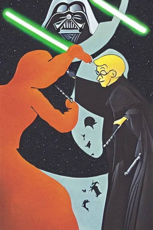 Prompt: an illustration of harry potter fighting darth vader of goodnight moon by margaret wise brown