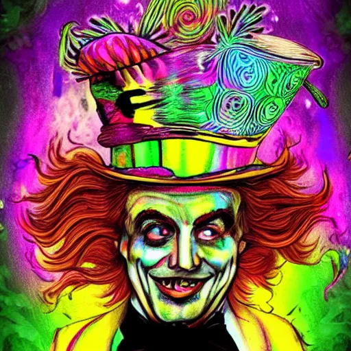 Prompt: A psychedelic vivid hallucination of the mad hatter eating himself while mushrooms dance around his head.