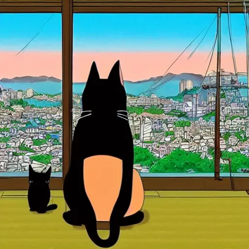Image similar to a black cat fursona and pug dog fursona looking out over a city, Miyazaki, studio ghibli