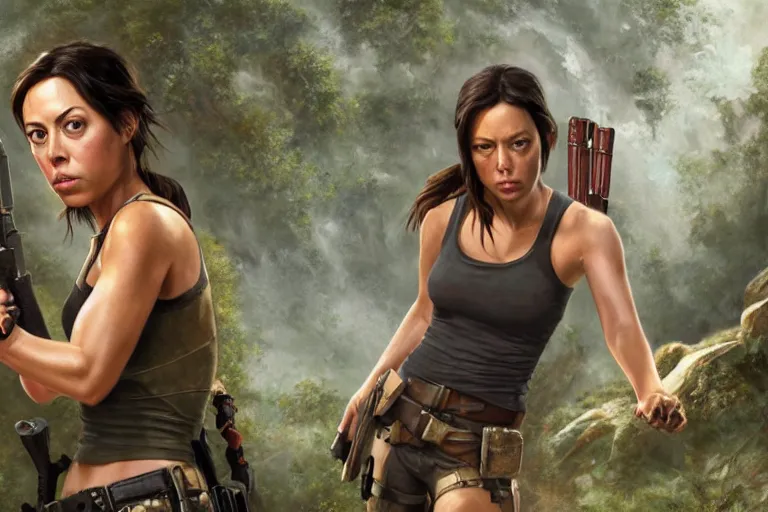 Prompt: film still of aubrey plaza as lara croft, an oil painting by ross tran and thomas kincade