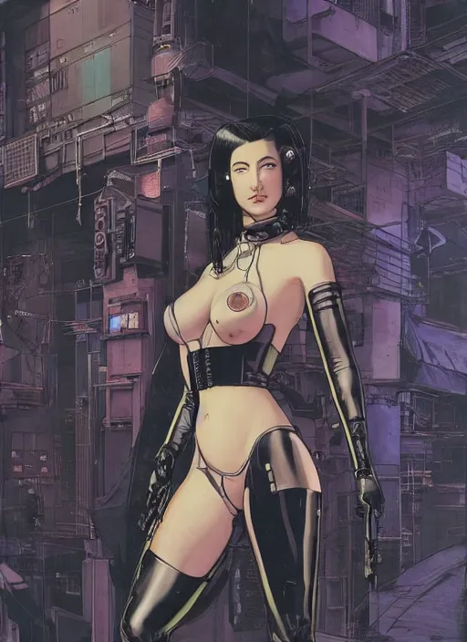 Prompt: selina tanaka. cyberpunk geisha in tactical harness and jumpsuit. dystopian. portrait by stonehouse and mœbius and will eisner and gil elvgren and pixar. realistic proportions. cyberpunk 2 0 7 7, apex, blade runner 2 0 4 9 concept art. cel shading. attractive face. thick lines. moody industrial landscape.