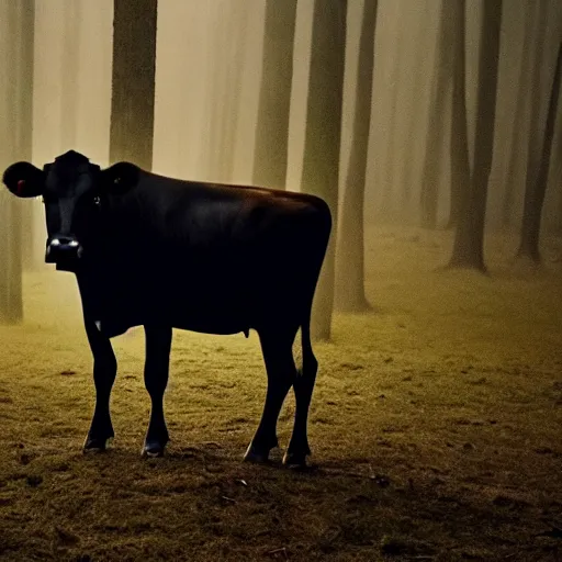 Prompt: low quality photograph of a cow looking at the camera at night, dark, creepy mood, dark forest, low lighting