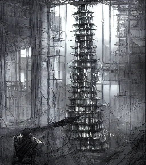 Image similar to tarkovsky scene, epic ancient tower of babylon above a woman in transparent cyber clothing, hyperrealistic, blame, manga style, drawing by tsutomu nihei, cyber world, concept art, hyper - detailed, smooth, masterpiece, epic, cinematic, high quality