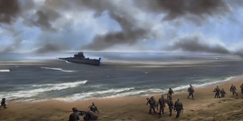 Prompt: battle of omaha beach, ww 2, matte painting, oil painting, painting