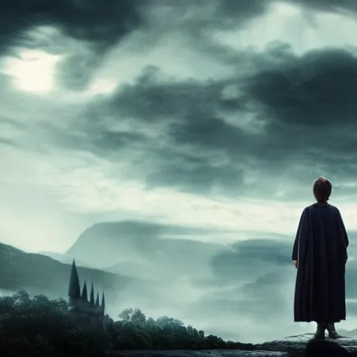 Prompt: Harry potter standing and casting a short wand, back view, thunderclouds, cinematic shot, wide shot, epic scale, waving robe movement, photorealistic detail and quality, intricate ground stone, magical sigils, floating particle effects, movie still, nighttime, crescent moon, sharp and clear, action shot, intense scene, visually coherent, symmetry, rule of thirds, movement, photorealistic colors, cool colors transitioning to warm colors, modest tone, award winning, directed by Steven Spielberg, Christopher Nolan, Tooth Wu, Asher Duran