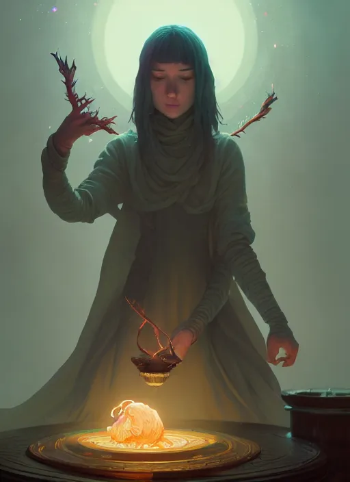 Image similar to highly detailed vfx portrait a mage casting a spell, stephen bliss, unreal engine, sigils greg rutkowski, loish, rhads, beeple, makoto shinkai and lois van baarle, ilya kuvshinov, rossdraws, tom bagshaw, alphonse mucha, global illumination, detailed and intricate environment