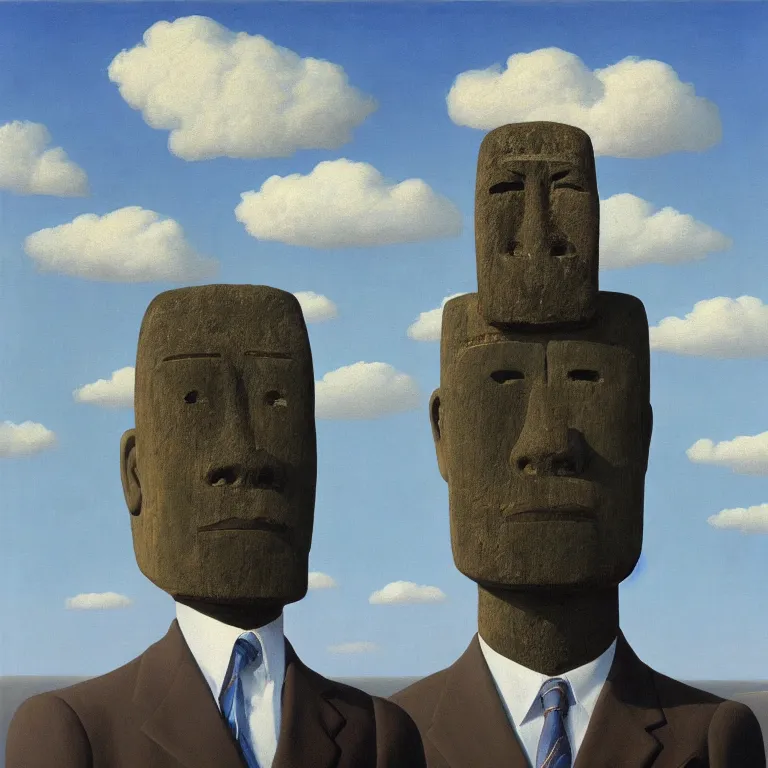 Image similar to portrait of a faceless moai - head man in a suit, clouds in the background, by rene magritte, detailed painting, distance, middle centered, hd, hq, high resolution, high detail, 4 k, 8 k