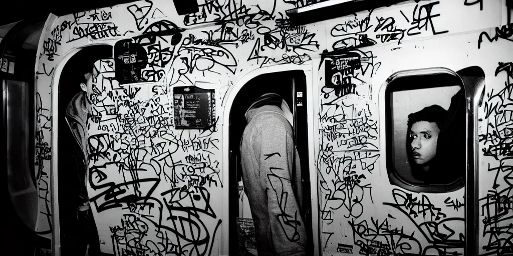 Image similar to subway cabin inside all in graffiti, man in stussy jacket closeup writing graffiti, night, film photography, exposed b & w photography, christopher morris photography