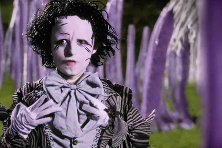 Image similar to edward scissor hands as a character in tim burton's willy wonka's chocolate factory movie, all faces are distorted contorted, shock, repulsion, disgust, annoyance, cinematic still, movie still, long lens, shallow depth of field, bokeh, anamorphic lens flare, 8 k