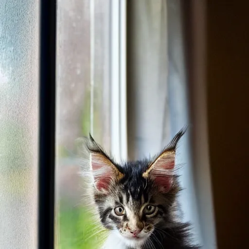 Image similar to view from the back of a backlit maine coon kitten gazing out a sunny window on a warm day. outside there are pretty flowers.