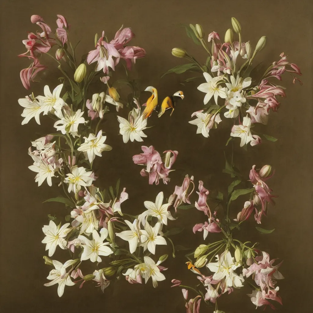 Prompt: a nosegay of lillies, daisies, larkspur and a pigeon by rachel ruysch, 1 6 9 5